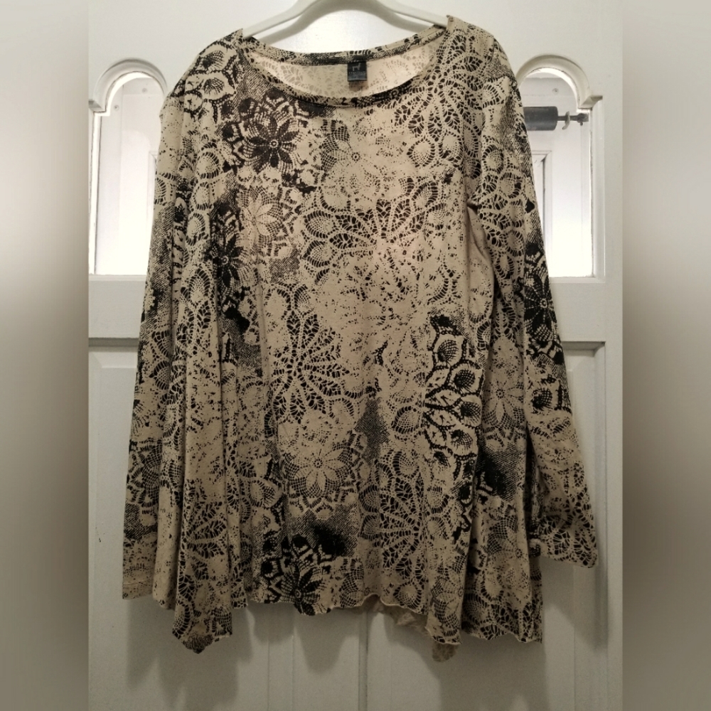 Peruvian Connection Women's Beige/Black Lace Pattern Blouse Cotton Blend M/L HOT